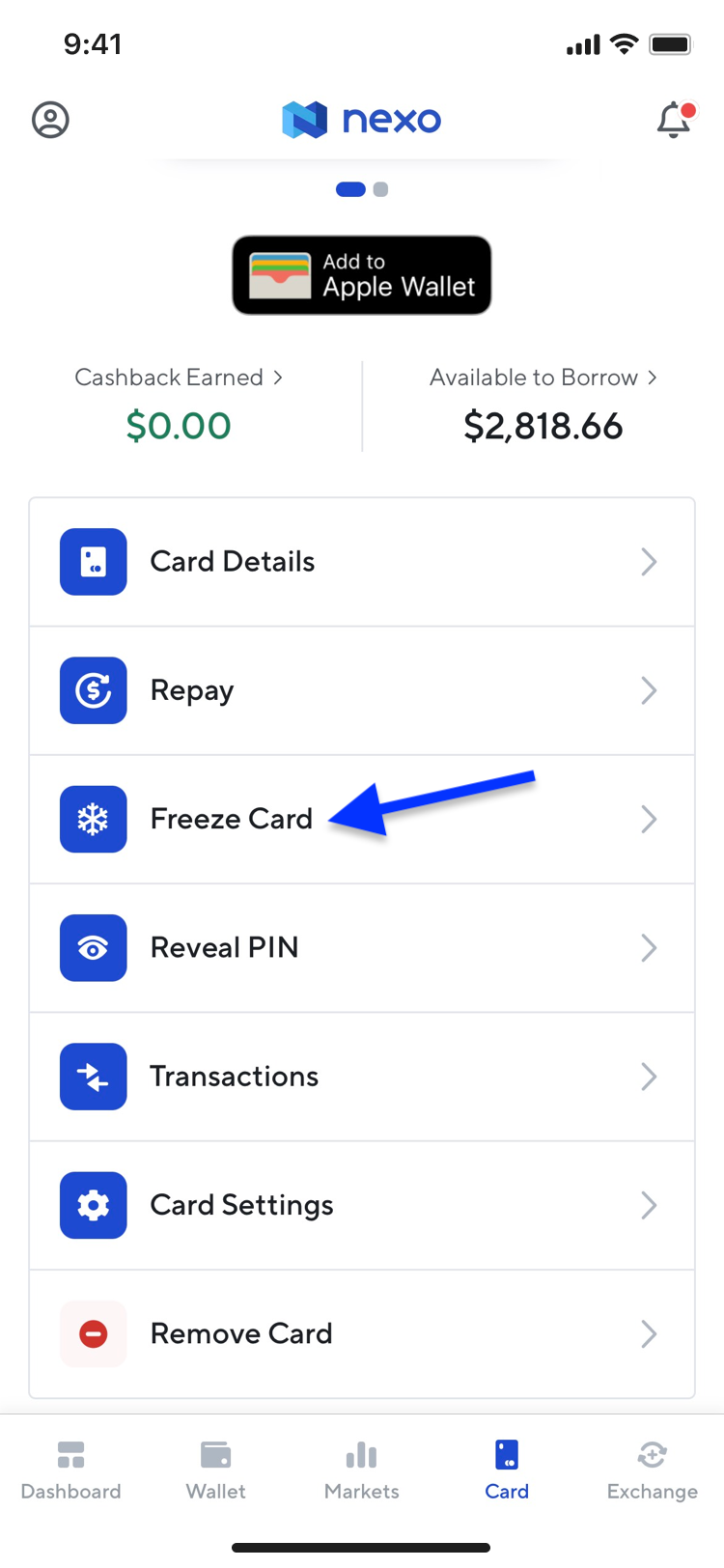 How can I freeze/unfreeze my Nexo Card? • Nexo