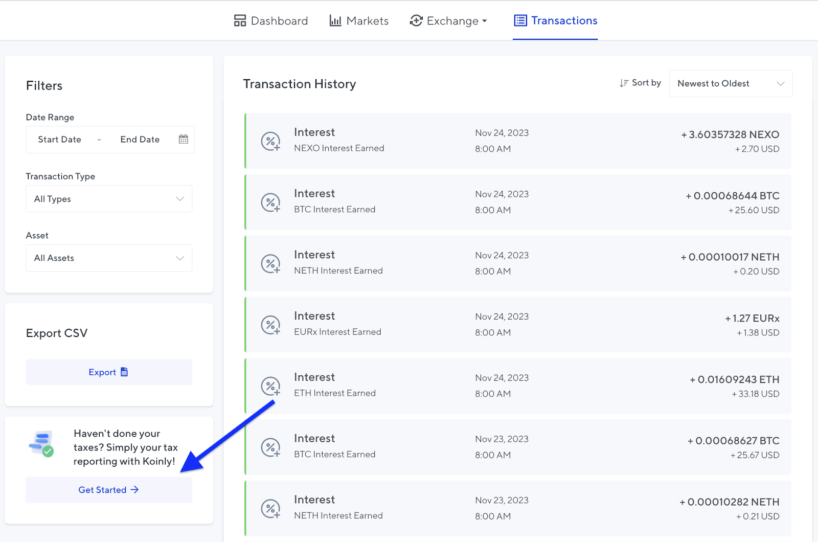 Generate a tax report through Nexo's integration of Koinly • Nexo