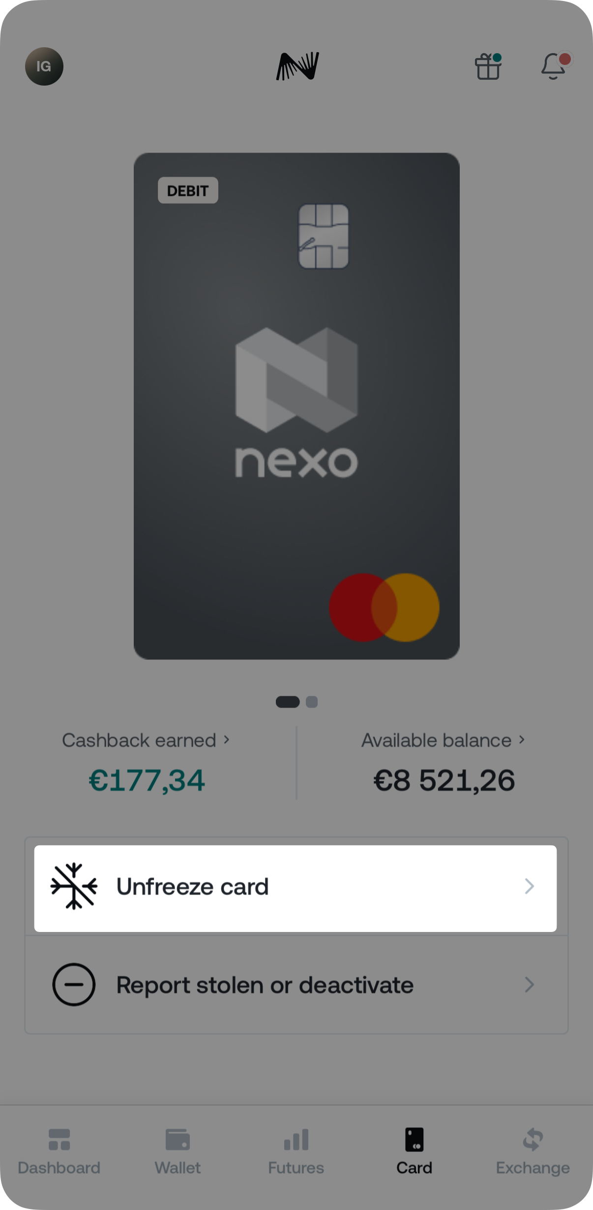 How can I freeze/unfreeze my Nexo Card • Nexo