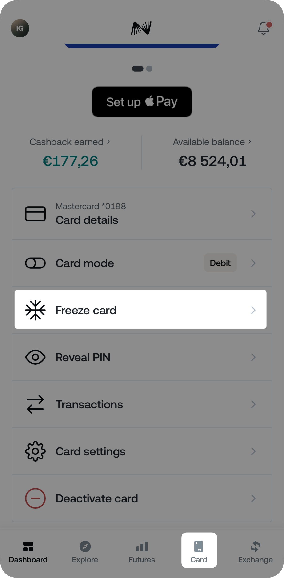 How can I freeze/unfreeze my Nexo Card • Nexo