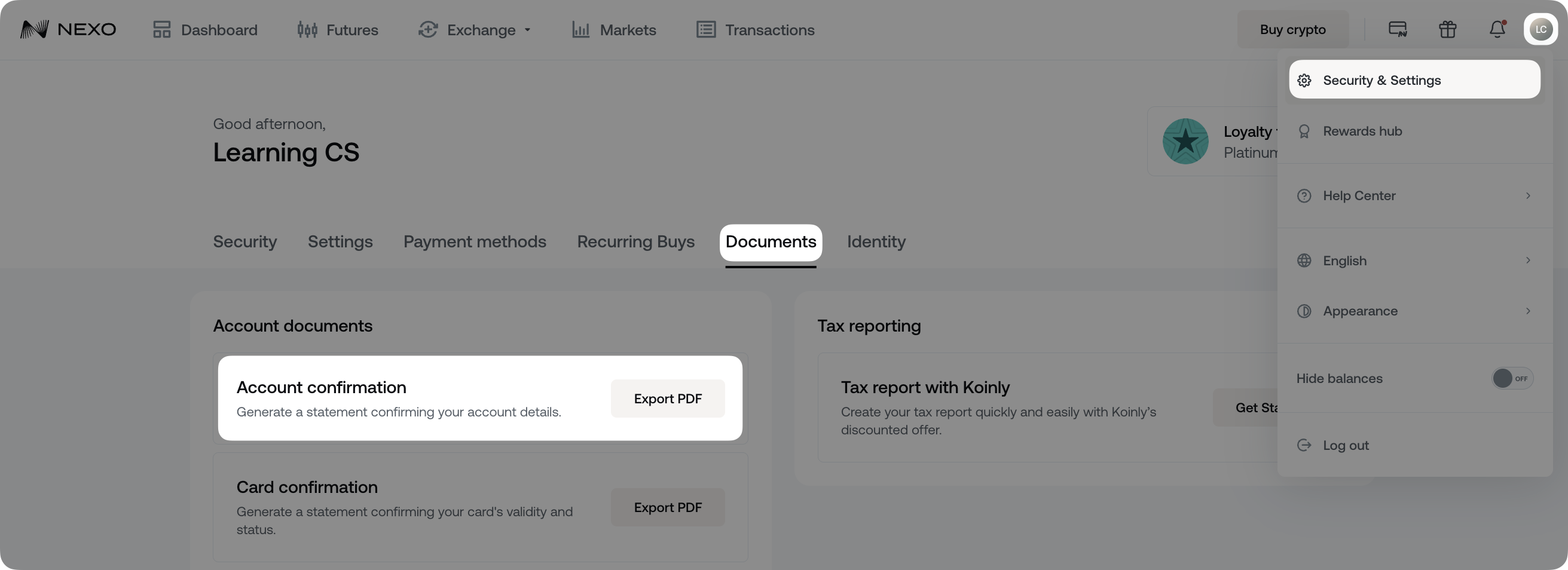 How to download account statements on Nexo and create a tax report via  Koinly • Nexo